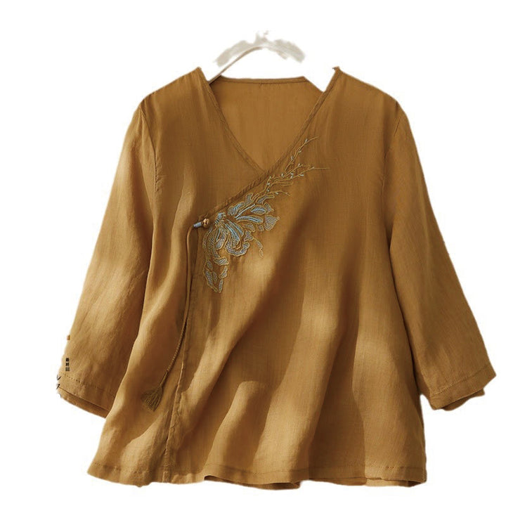 Buddha Stones Casual Women's Embroidery Plants Design Three Quarter Sleeve Cotton Linen Shirt - Orange - US8-10，UK/AU12-14，EU40-42 (2XL) - image 13