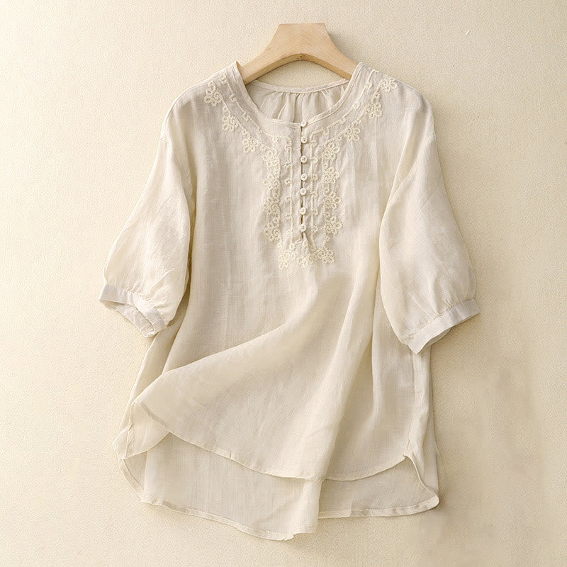 Buddha Stones Casual Women's Plain Frog Buckle Design Half Sleeve Cotton Linen Shirt - Ivory - US8-10，UK/AU12-14，EU40-42 (2XL) - image 6