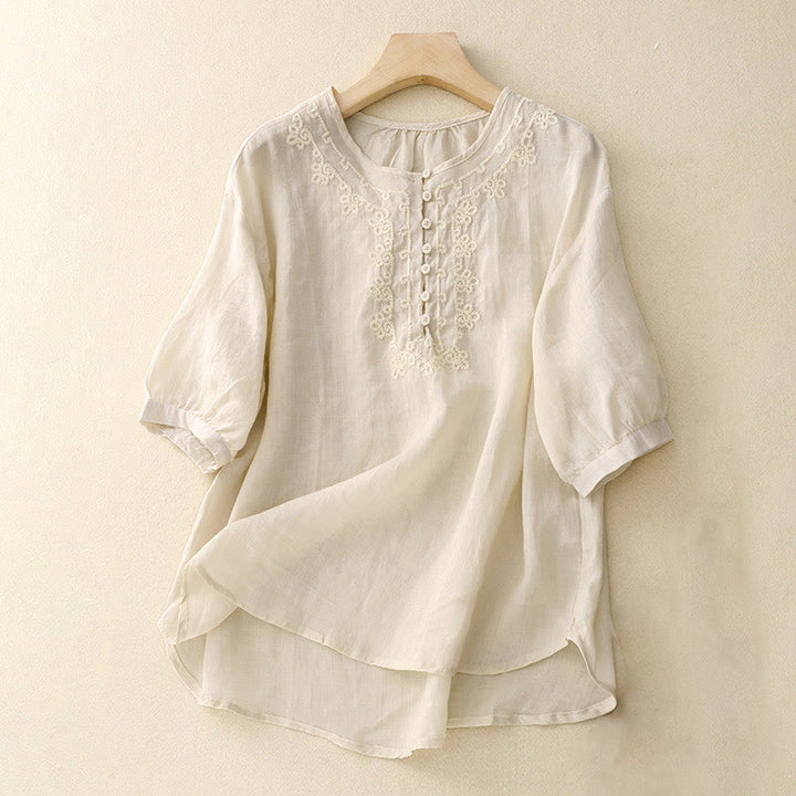 Buddha Stones Casual Women's Plain Frog Buckle Design Half Sleeve Cotton Linen Shirt - Ivory - US8-10，UK/AU12-14，EU40-42 (2XL) - image 6