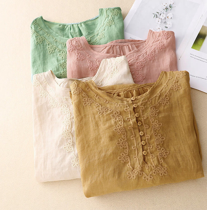 Buddha Stones Casual Women's Plain Frog Buckle Design Half Sleeve Cotton Linen Shirt - image 26