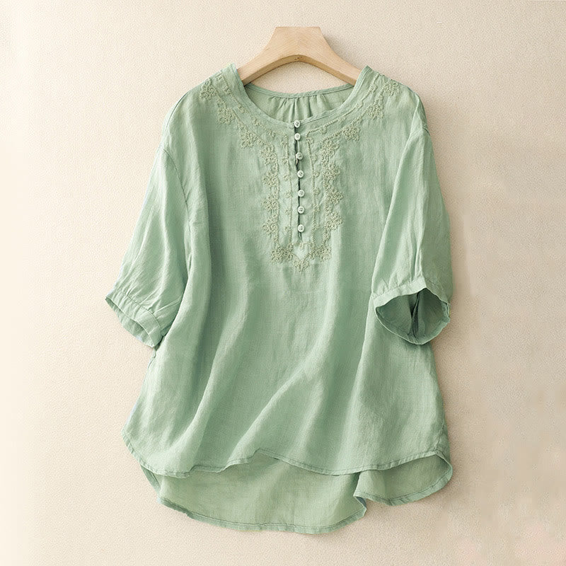 Buddha Stones Casual Women's Plain Frog Buckle Design Half Sleeve Cotton Linen Shirt - PaleGreen - US8-10，UK/AU12-14，EU40-42 (2XL) - image 19