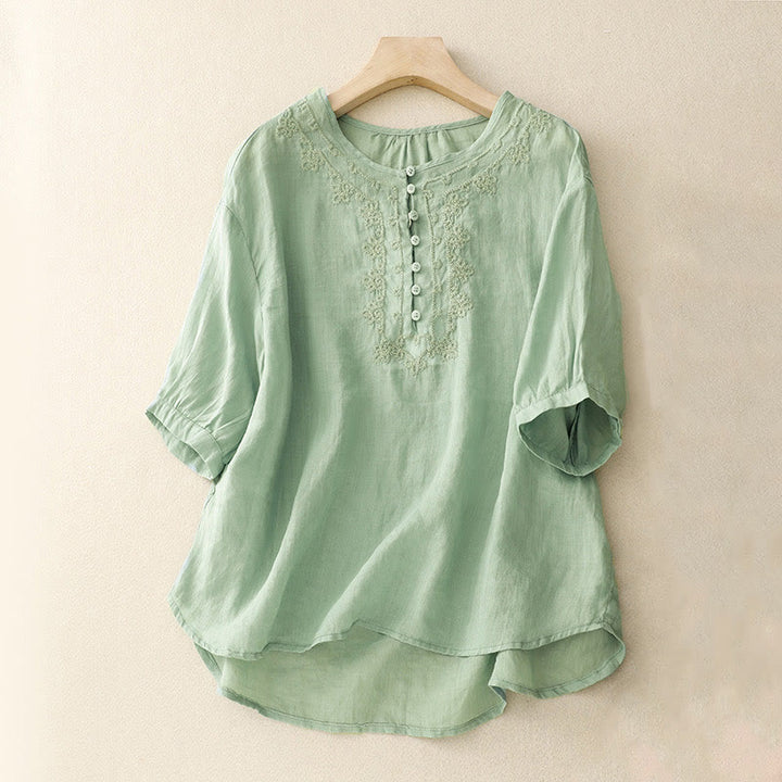 Buddha Stones Casual Women's Plain Frog Buckle Design Half Sleeve Cotton Linen Shirt - PaleGreen - US8-10，UK/AU12-14，EU40-42 (2XL) - image 19