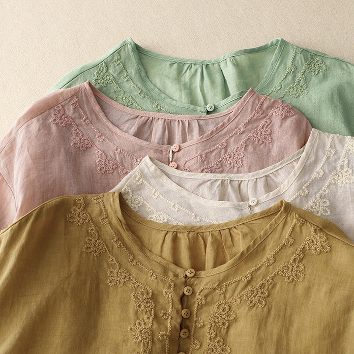 Buddha Stones Casual Women's Plain Frog Buckle Design Half Sleeve Cotton Linen Shirt - image 27
