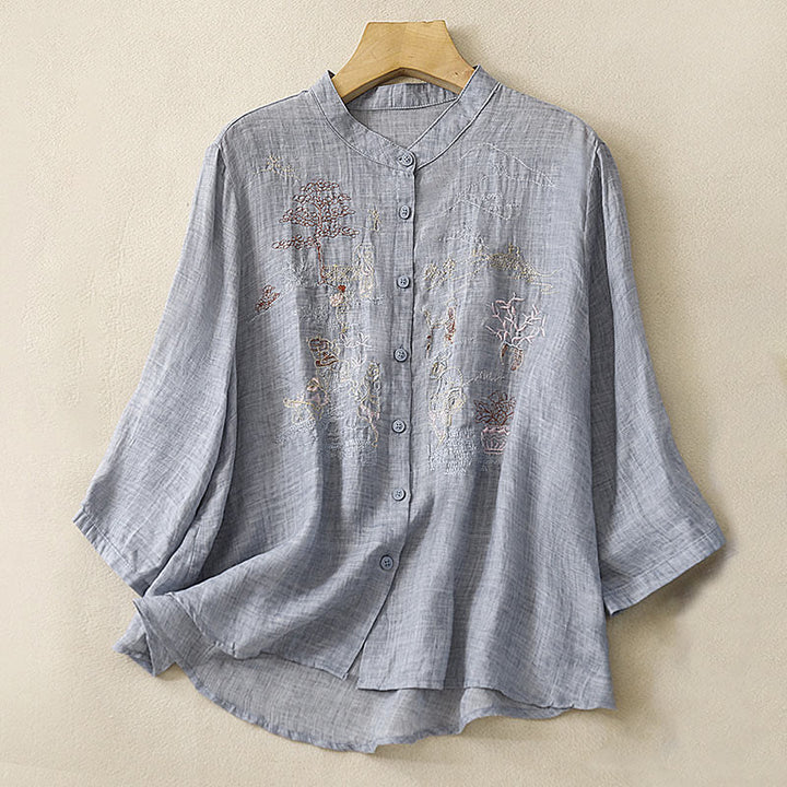 Buddha Stones Casual Embroidered Plant Stand Collar Design Three Quarter Sleeve Women's Cotton Linen Shirt - LightBlue - US8-10，UK/AU12-14，EU40-42 (2XL) - image 22
