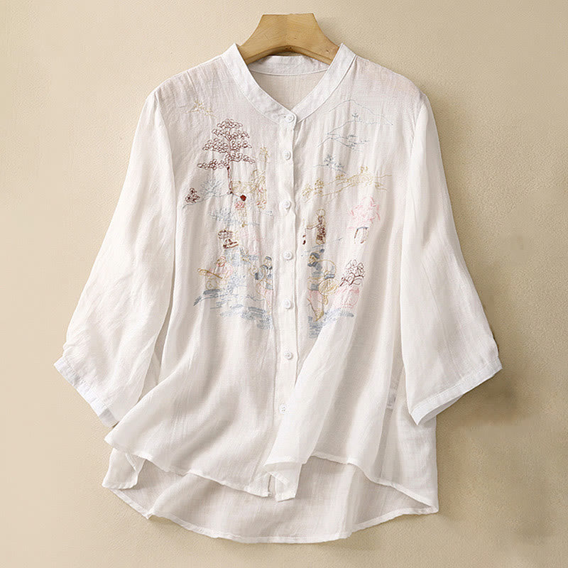 Buddha Stones Casual Embroidered Plant Stand Collar Design Three Quarter Sleeve Women's Cotton Linen Shirt - White - US8-10，UK/AU12-14，EU40-42 (2XL) - image 6