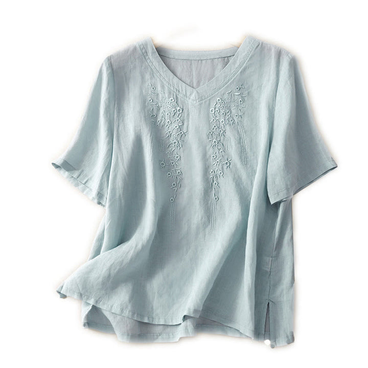 Buddha Stones Casual Women's Embroidered Flower V-neck Design Loose Half Sleeve Cotton Linen Shirt - image 22