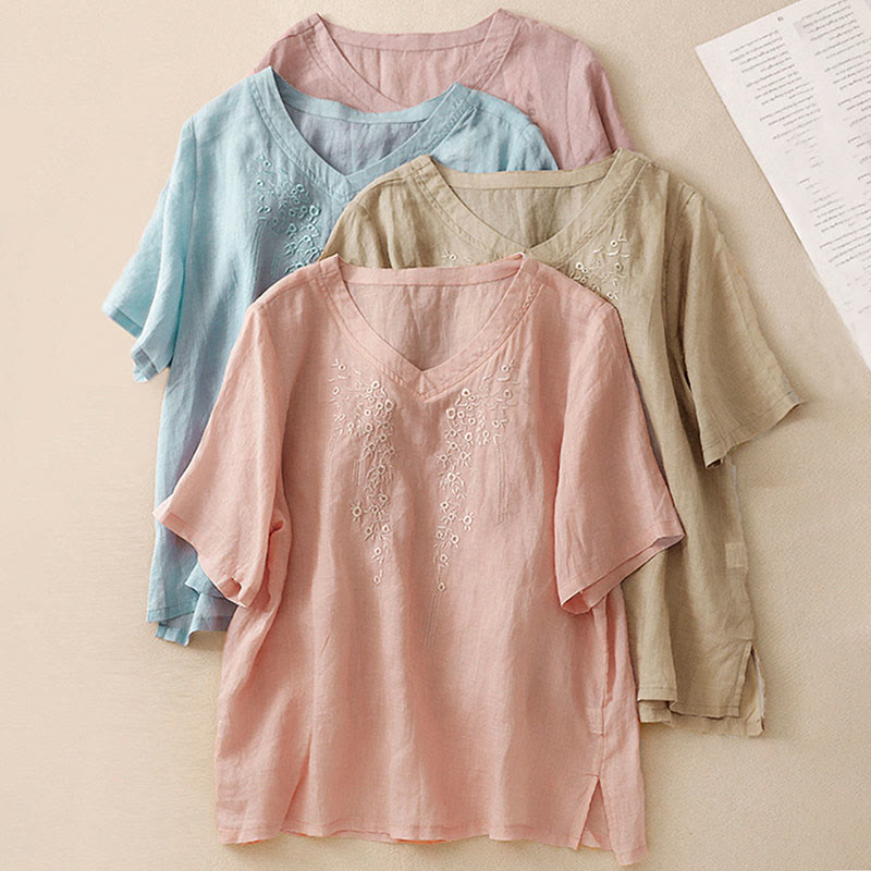 Buddha Stones Casual Women's Embroidered Flower V-neck Design Loose Half Sleeve Shirt - image 29