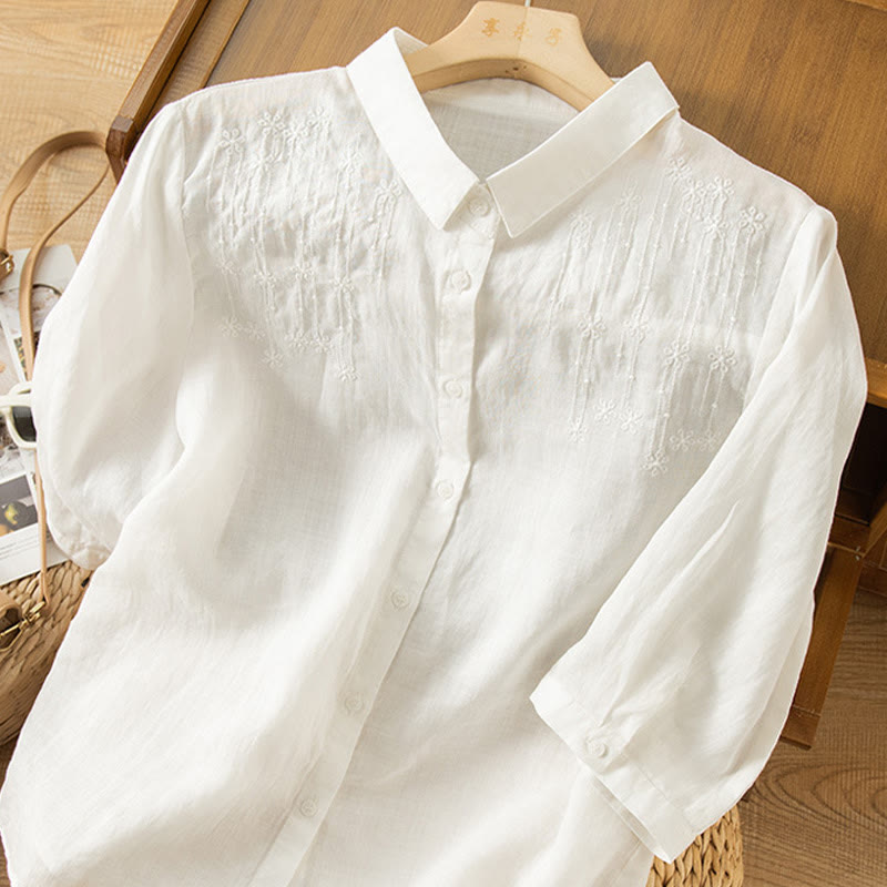 Buddha Stones Casual Women's Embroidery Standing Collar Half Sleeve Design Cotton Linen Shirt - image 6
