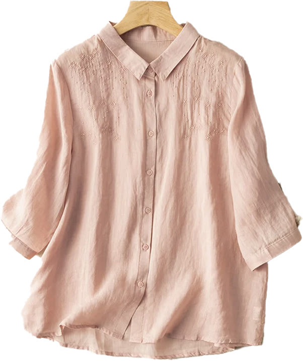 Buddha Stones Casual Women's Embroidery Standing Collar Half Sleeve Design Cotton Linen Shirt - image 15