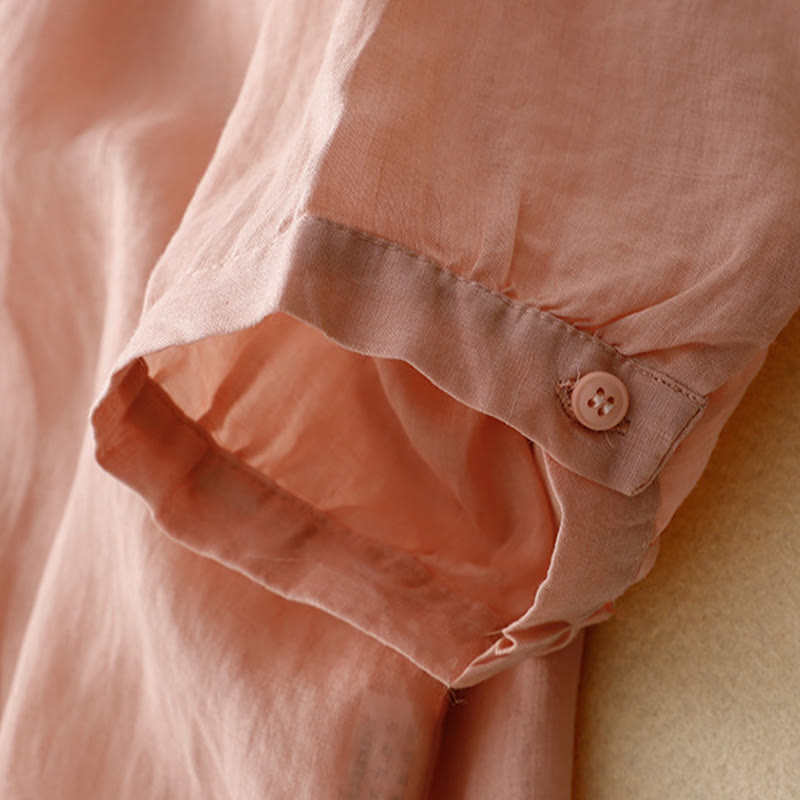 Buddha Stones Casual Women's Plain Frog Buckle Design Half Sleeve Cotton Linen Shirt - image 3