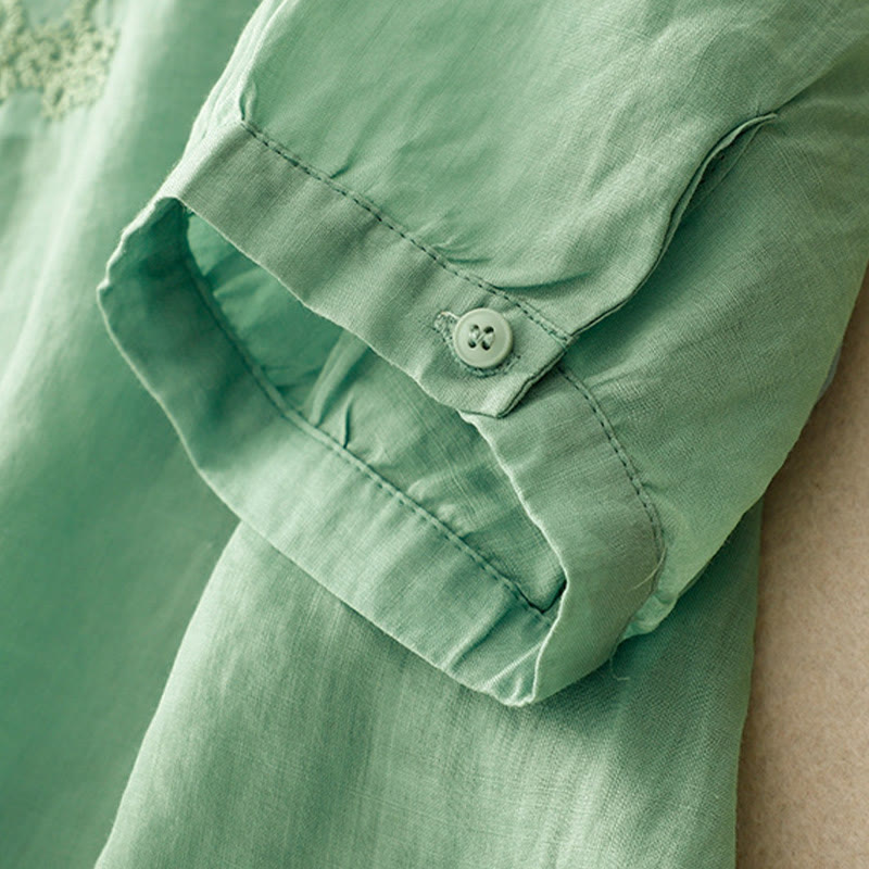 Buddha Stones Casual Women's Plain Frog Buckle Design Half Sleeve Cotton Linen Shirt - image 24