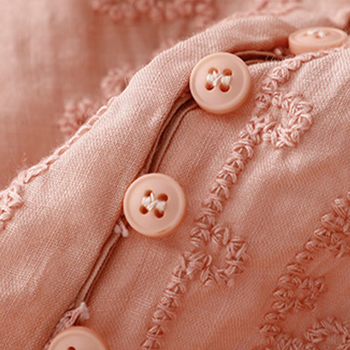 Buddha Stones Casual Women's Plain Frog Buckle Design Half Sleeve Cotton Linen Shirt - image 2