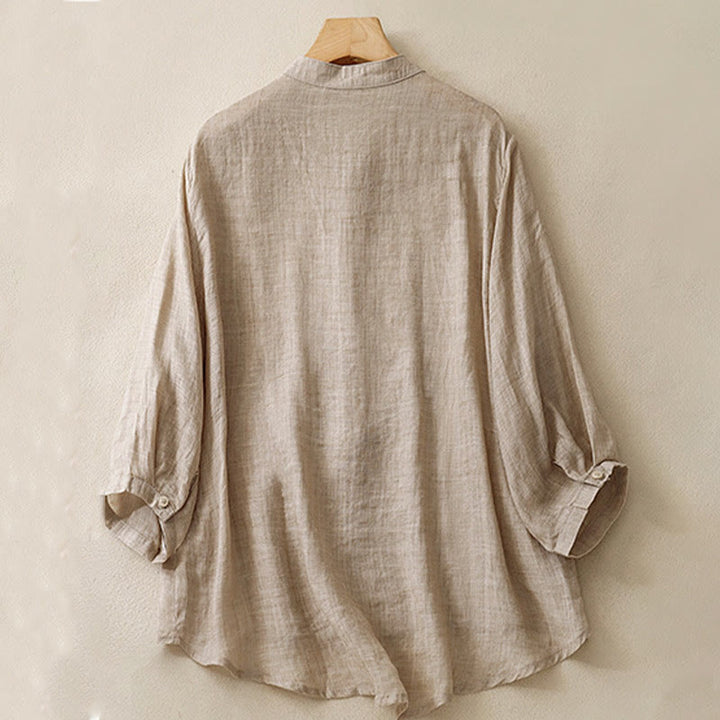 Buddha Stones Casual Embroidered Plant Stand Collar Design Three Quarter Sleeve Women's Cotton Linen Shirt - image 13