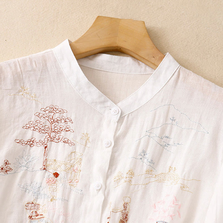 Buddha Stones Casual Embroidered Plant Stand Collar Design Three Quarter Sleeve Women's Cotton Linen Shirt - image 7