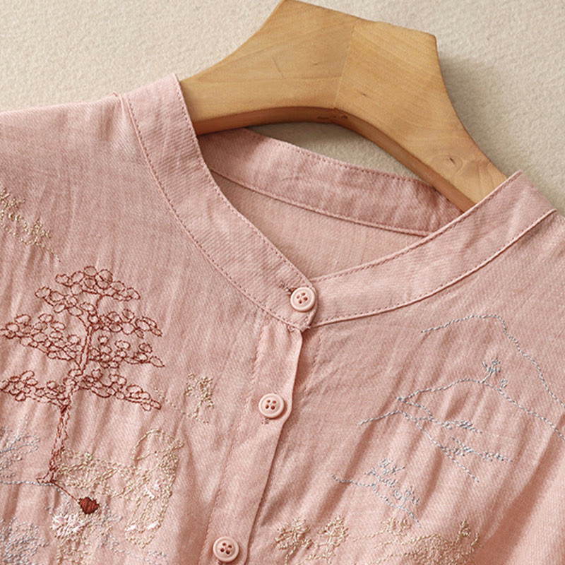 Buddha Stones Casual Embroidered Plant Stand Collar Design Three Quarter Sleeve Women's Cotton Linen Shirt - image 1