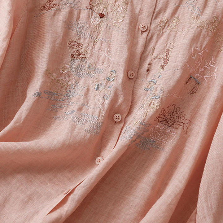 Buddha Stones Casual Embroidered Plant Stand Collar Design Three Quarter Sleeve Women's Cotton Linen Shirt - image 2