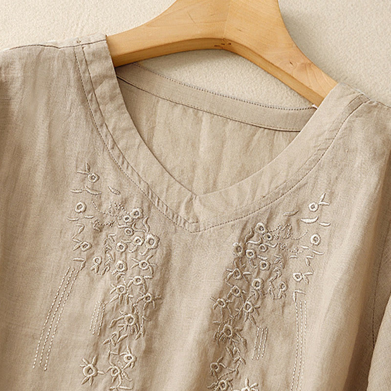 Buddha Stones Casual Women's Embroidered Flower V-neck Design Loose Half Sleeve Cotton Linen Shirt - image 14