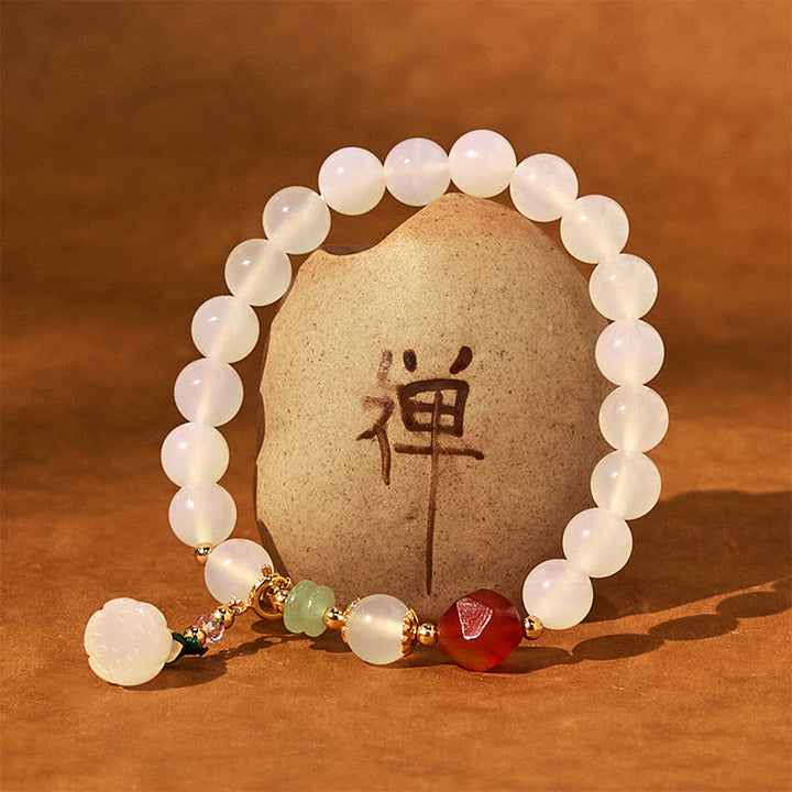 Buddha Stones White Agate Red Agate Lotus Pod Charm Luck Bracelet - image 4