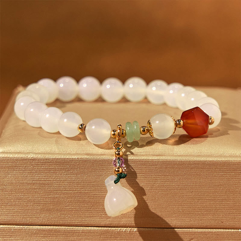 Buddha Stones White Agate Red Agate Lotus Pod Charm Luck Bracelet - image 1
