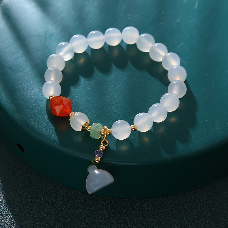 Buddha Stones White Agate Red Agate Lotus Pod Charm Luck Bracelet - image 8