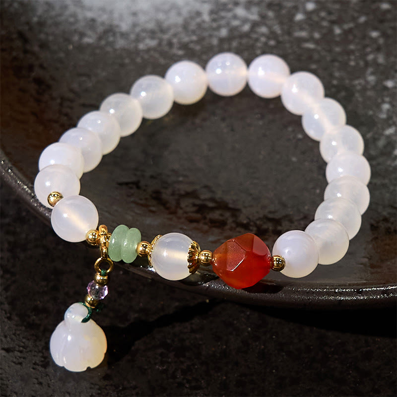 Buddha Stones White Agate Red Agate Lotus Pod Charm Luck Bracelet - White Agate(Wrist Circumference 14-16cm) - image 0