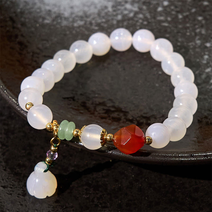 Buddha Stones White Agate Red Agate Lotus Pod Charm Luck Bracelet - White Agate(Wrist Circumference 14-16cm) - image 0