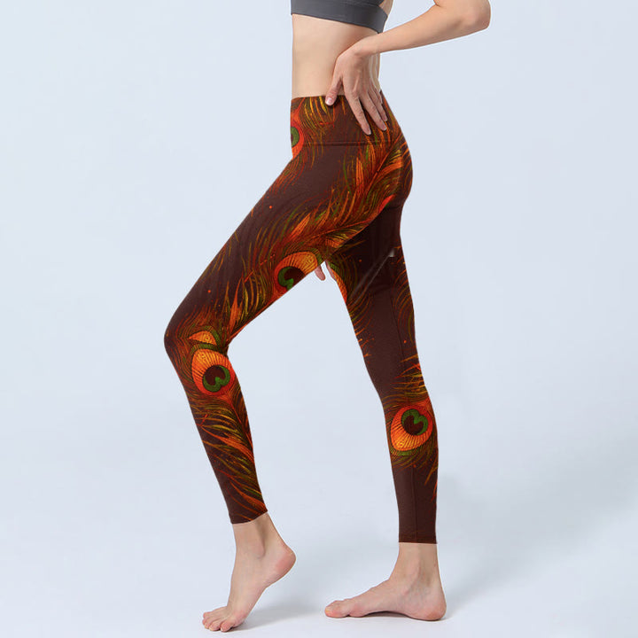 Buddha Stones Brown Peacock Feathers Print Gym Leggings Women's Yoga Pants - image 2