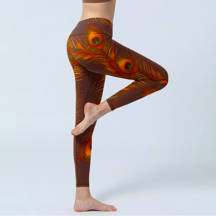 Buddha Stones Brown Peacock Feathers Print Gym Leggings Women's Yoga Pants - image 3