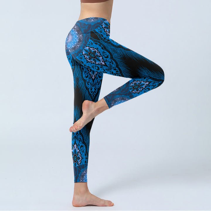 Buddha Stones Blue Mandala Feathers Print Gym Leggings Women's Yoga Pants - image 4