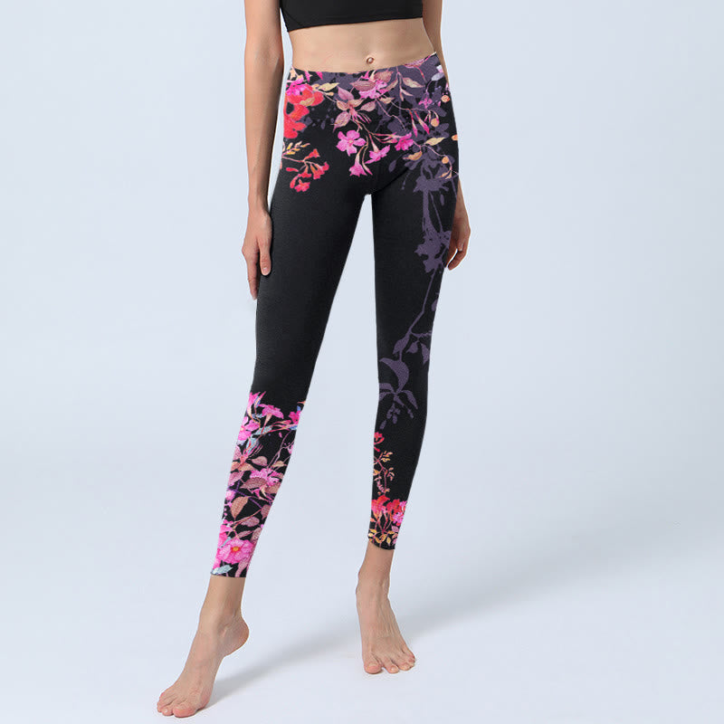 Buddha Stones Black Pink Floral Leaves Print Gym Leggings Women's Yoga Pants - image 5
