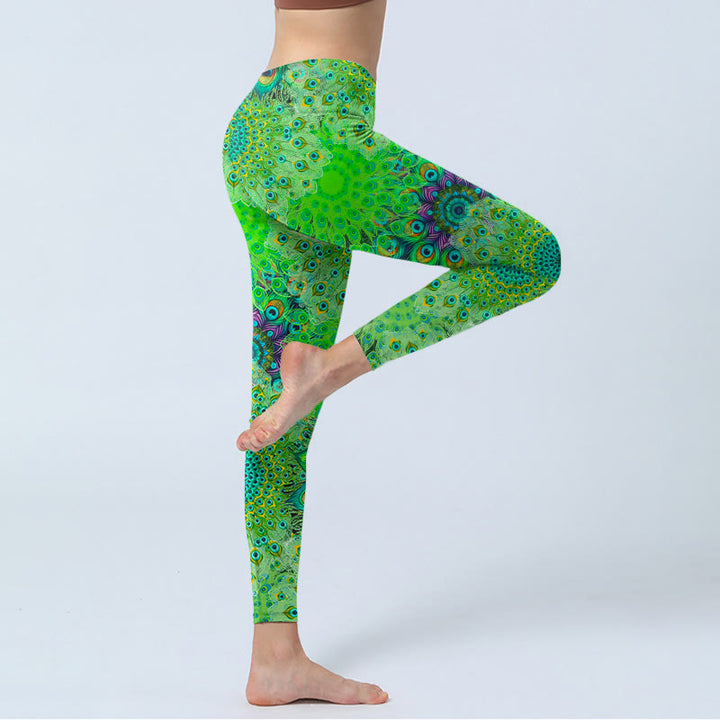 Buddha Stones Green Peacock Tail Feathers Print Gym Leggings Women's Yoga Pants - image 4