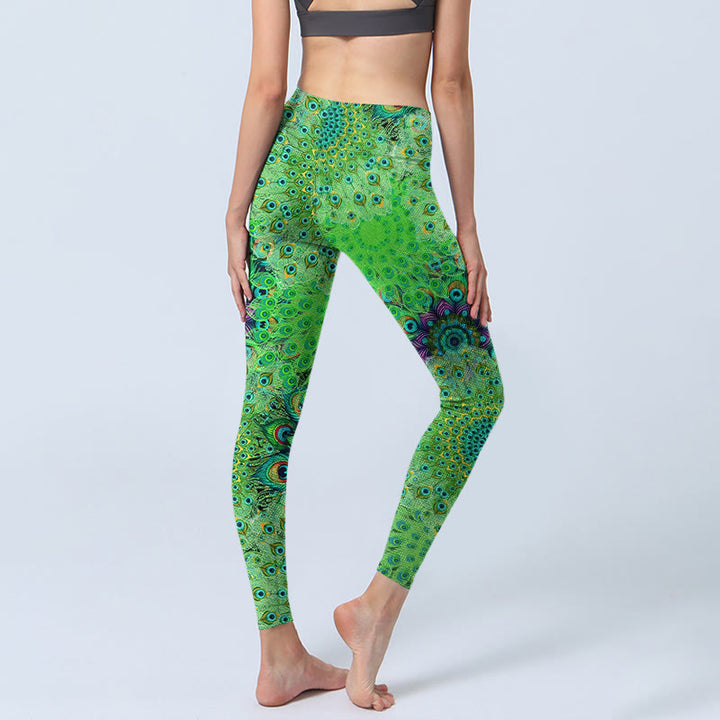 Buddha Stones Green Peacock Tail Feathers Print Gym Leggings Women's Yoga Pants - image 3