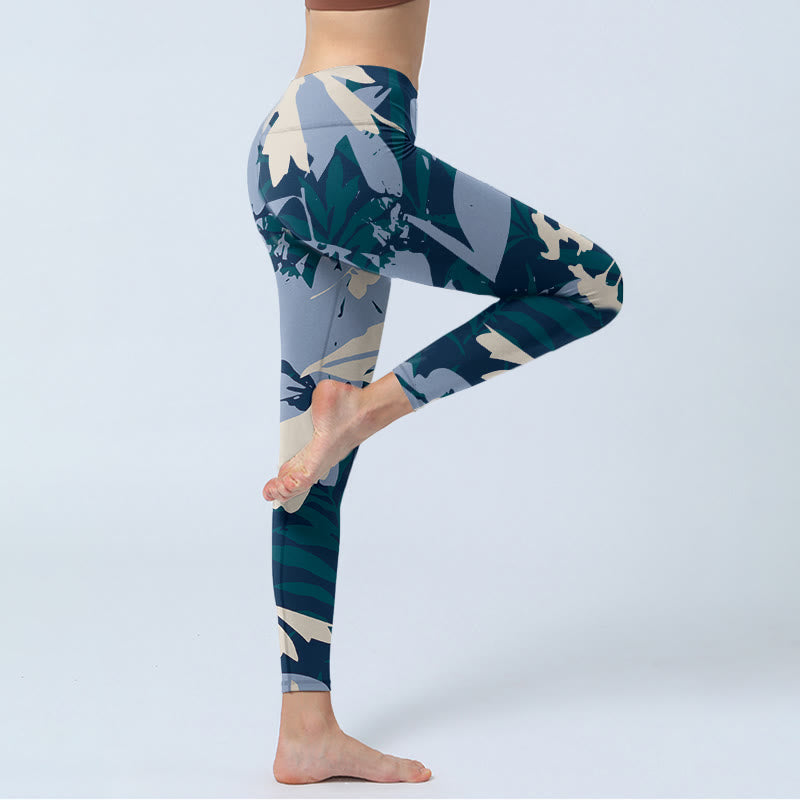 Buddha Stones Blue Plant Leaves Print Gym Leggings Women's Yoga Pants - image 4