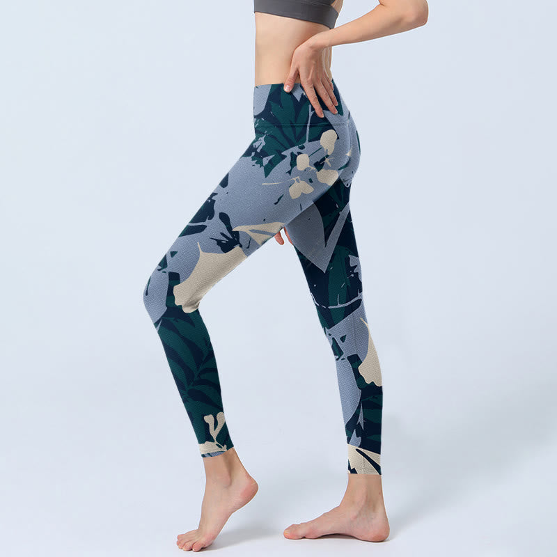 Buddha Stones Blue Plant Leaves Print Gym Leggings Women's Yoga Pants - image 2
