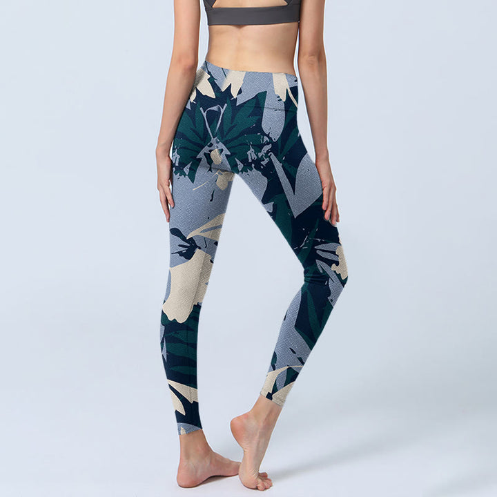 Buddha Stones Blue Plant Leaves Print Gym Leggings Women's Yoga Pants - image 3