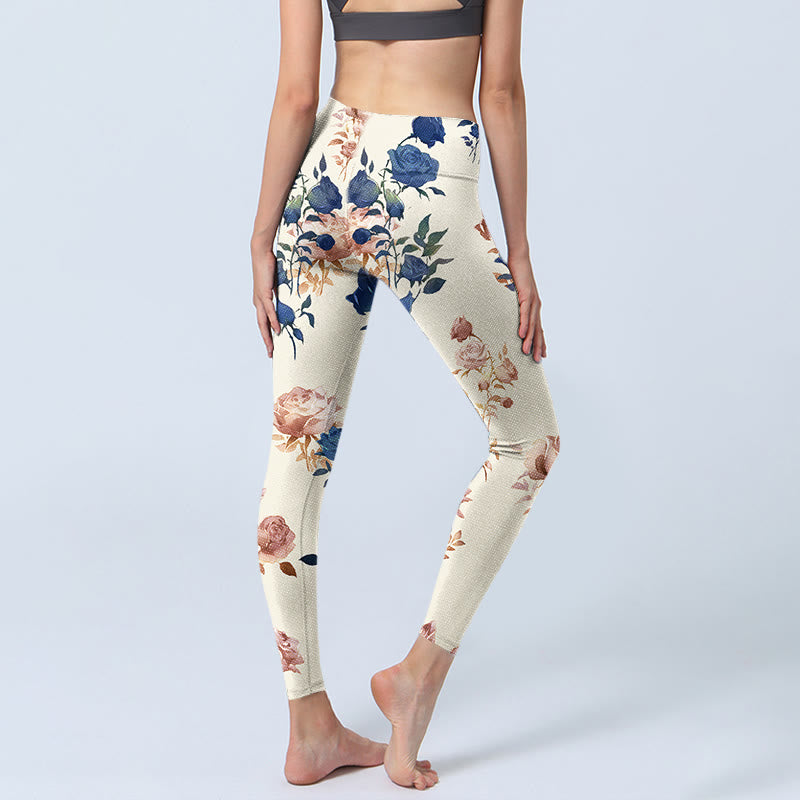 Buddha Stones Red Blue Rose Leaf Print Gym Leggings Women's Yoga Pants - image 4