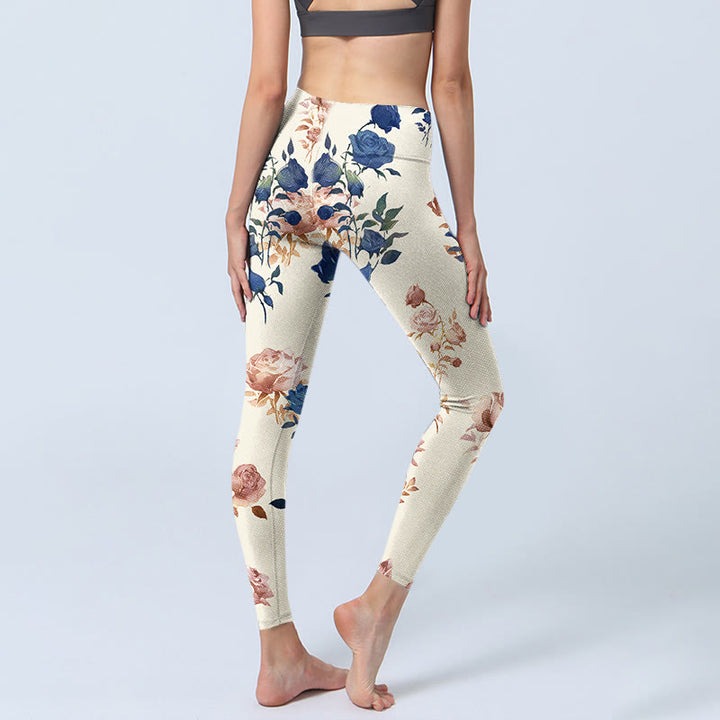 Buddha Stones Red Blue Rose Leaf Print Gym Leggings Women's Yoga Pants - image 4