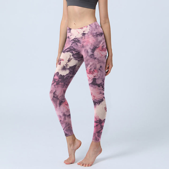 Buddha Stones Purple Peony Flowers Print Gym Leggings Women's Yoga Pants - Orchid - US18，UK/AU22，EU50 (4XL) - image 0