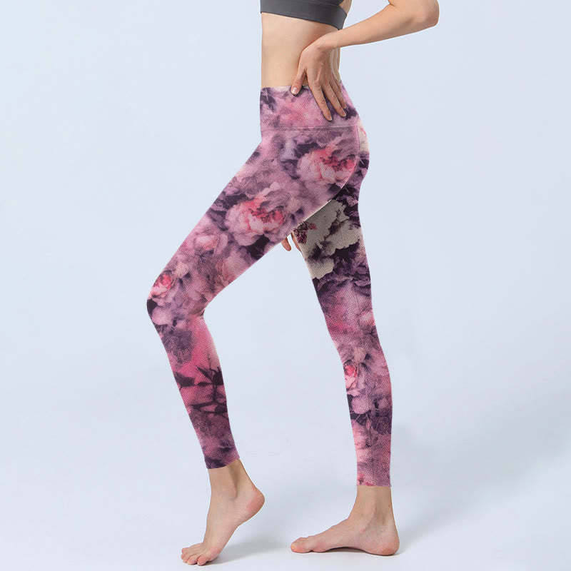 Buddha Stones Purple Peony Flowers Print Gym Leggings Women's Yoga Pants - image 2