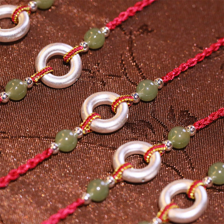 Buddha Stones 999 Sterling Silver Peace Buckle Hetian Jade Handmade Luck Red Rope Bracelet - image 2