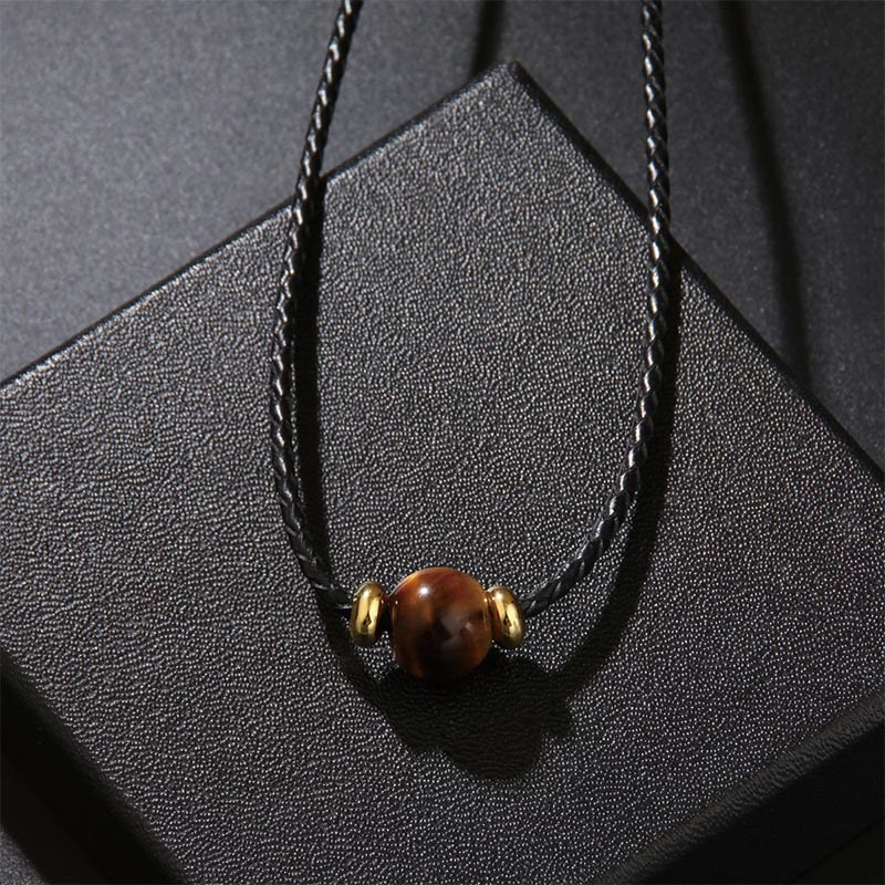 Buddha Stones Natural Tiger Eye Beaded Protection Wax Rope Necklace Pendant - image 1