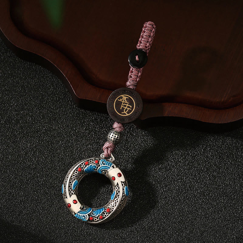 Buddha Stones Double Koi Fish Peace Buckle Safe And Well Luck Key Chain - Pink Rope - image 8