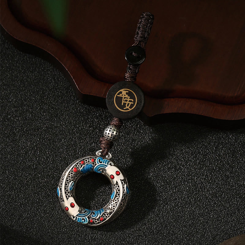 Buddha Stones Double Koi Fish Peace Buckle Safe And Well Luck Key Chain - Brown Rope - image 0