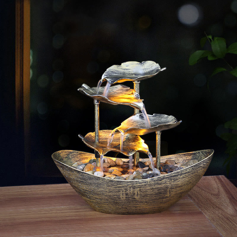 Buddha Stones Lotus Leaf Shaped Waterfall Fountain Tabletop Ornaments With LED Light Home Office Desktop Decoration - Silver(Plastic Version) - image 0