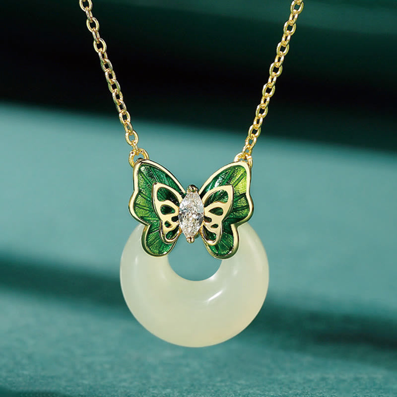 Buddha Stones 925 Sterling Silver Natural Hetian Jade Peace Buckle Butterfly Zircon Luck Bracelet Necklace Pendant - Jade Necklace - image 13