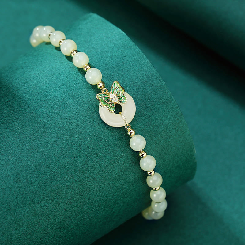 Buddha Stones 925 Sterling Silver Natural Hetian Jade Peace Buckle Butterfly Zircon Luck Bracelet Necklace Pendant - image 1