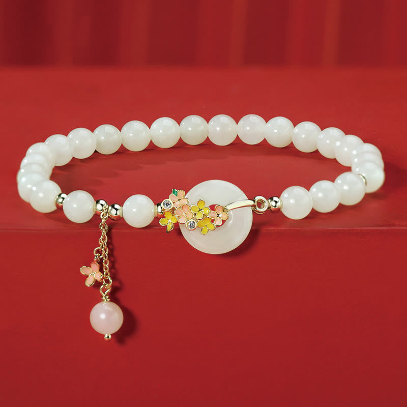Buddha Stones 925 Sterling Silver Natural Hetian Jade Osmanthus Flowers Peace Buckle Zircon Luck Bracelet Necklace Pendant - Jade Bracelet(Wrist Circumference 14-17cm) - image 0
