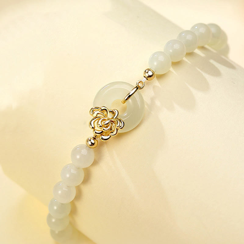 Buddha Stones 925 Sterling Silver Natural Hetian Jade Autumn Chrysanthemum Peace Buckle Prosperity Bracelet - image 1