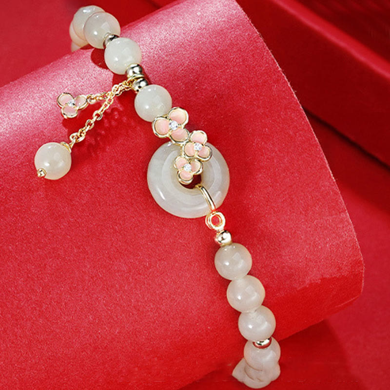 Buddha Stones 925 Sterling Silver Natural Hetian Jade Peach Blossom Peace Buckle Zircon Luck Bracelet Necklace Pendant - image 1