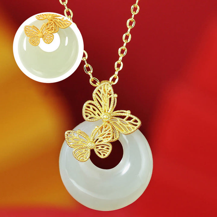 Buddha Stones 925 Sterling Silver Natural Hetian Jade Butterfly Prosperity Necklace Pendant - image 2
